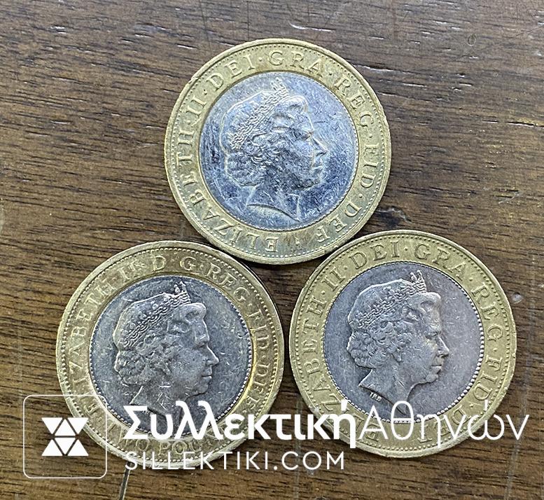 GR. BRITAIN 3 Different Coins of 2 Pound
